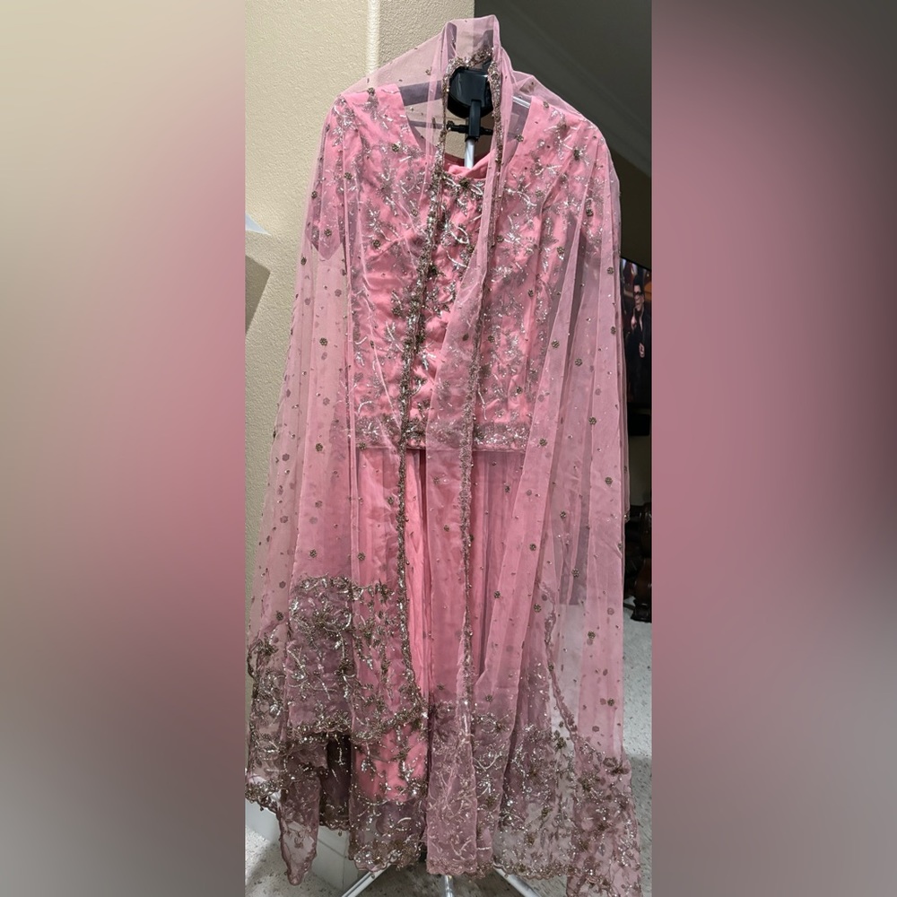 Pink(salmon) lehnga, choli and dupatta